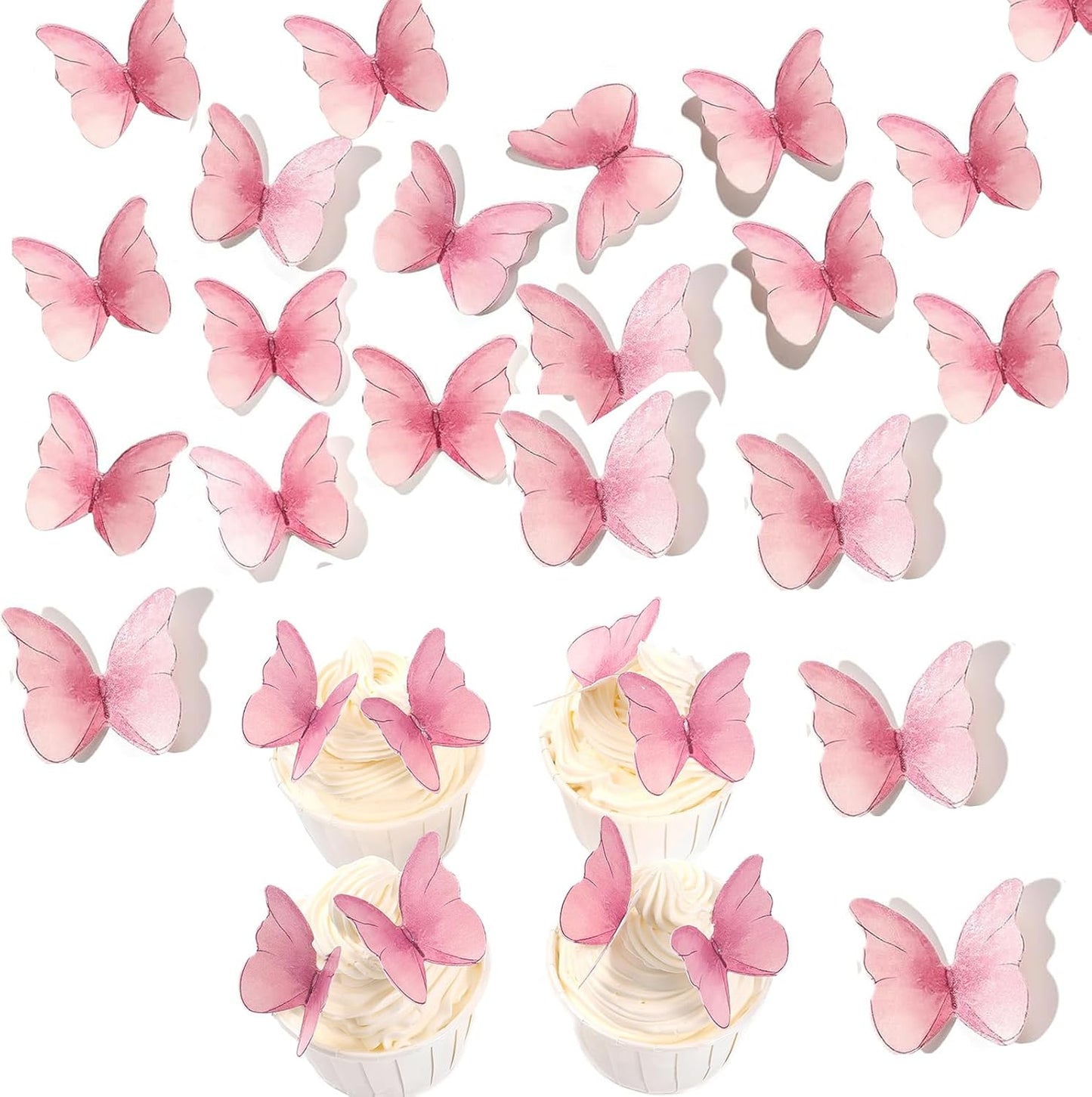 YOcity 48Pcs Edible Butterflies Cake Cupcake Toppers Pink Wafer Paper Butterfly Cake Decorations for Wedding Birthday Party Cupcakes Decorating Pink