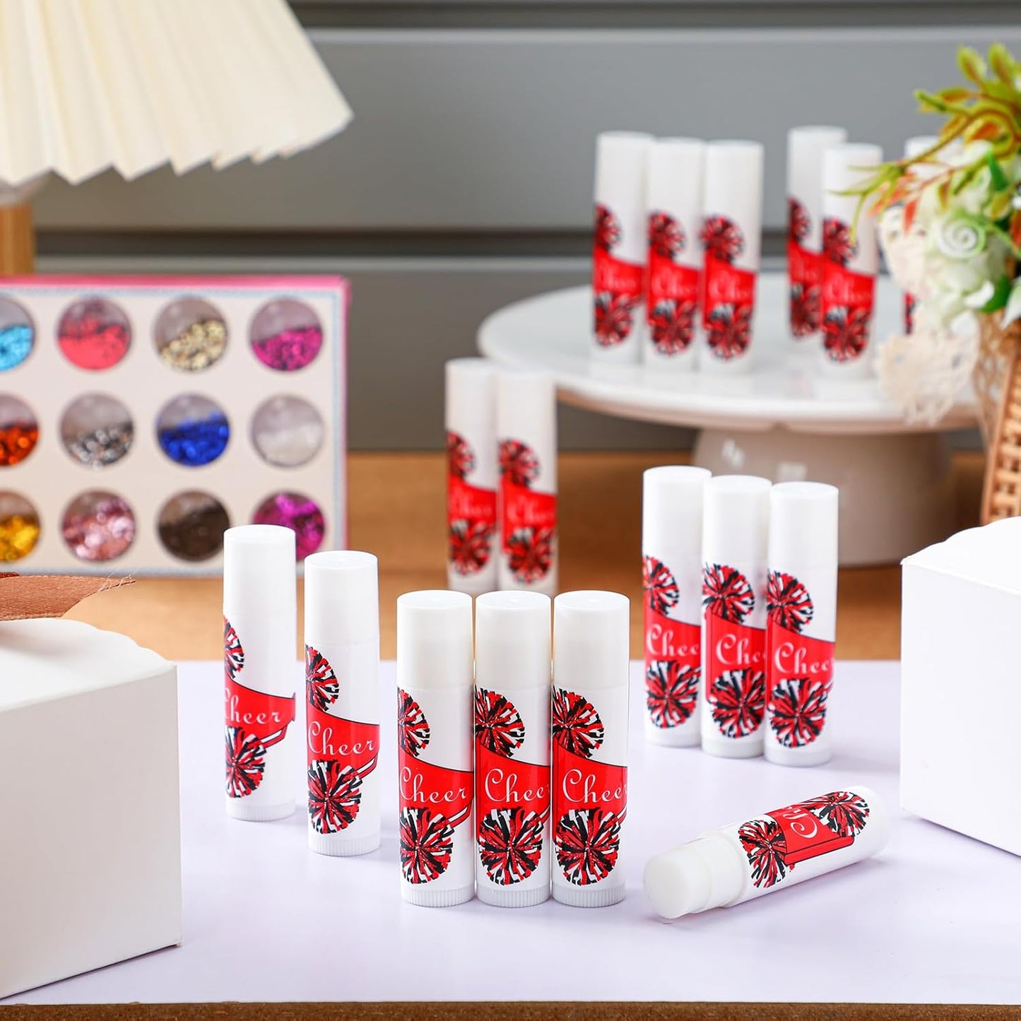 24 Pcs Cheer Lip Balm Cheer Teams Camp Gifts Pom Pom Leaders Party Favors Gear Lip Balm Mom Gift for Competitive Party Guest Supplies(Red)