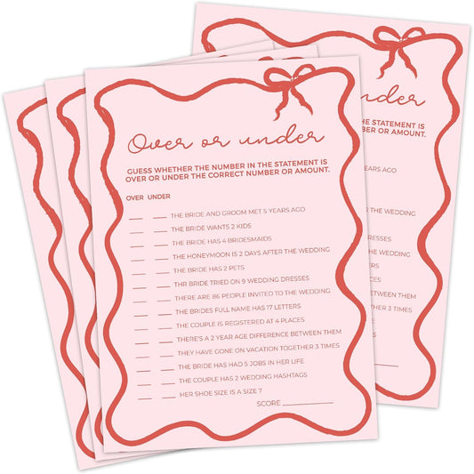 DEEKA 30 PCS Bridal Shower Games Card for 30 Guests Pink Wavy Border Ribbon Bow Funny Wedding Bachelorette Party Games for Reception (Over Or Under)