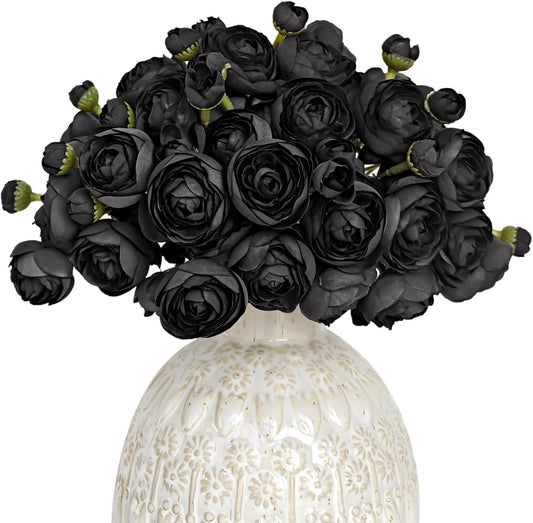 Letjolt Ranunculus Artificial Flower 18 Pcs Black Silk Ranunculus Wedding Bouquet Engagement Centerpieces Arrangements Bridal Shower Decorations Home Decor, Black