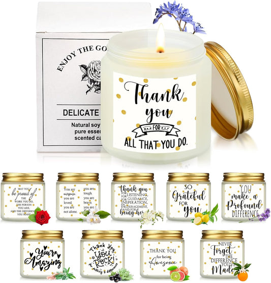 Roowest 10 Jars Thank You Gift Candles 3.5 oz Employee Appreciation Gifts Bulk Soy Wax Jar Inspirational Candle Thank You for Coworkers Employee Women Teacher Volunteers(White,Polka Dot Style)