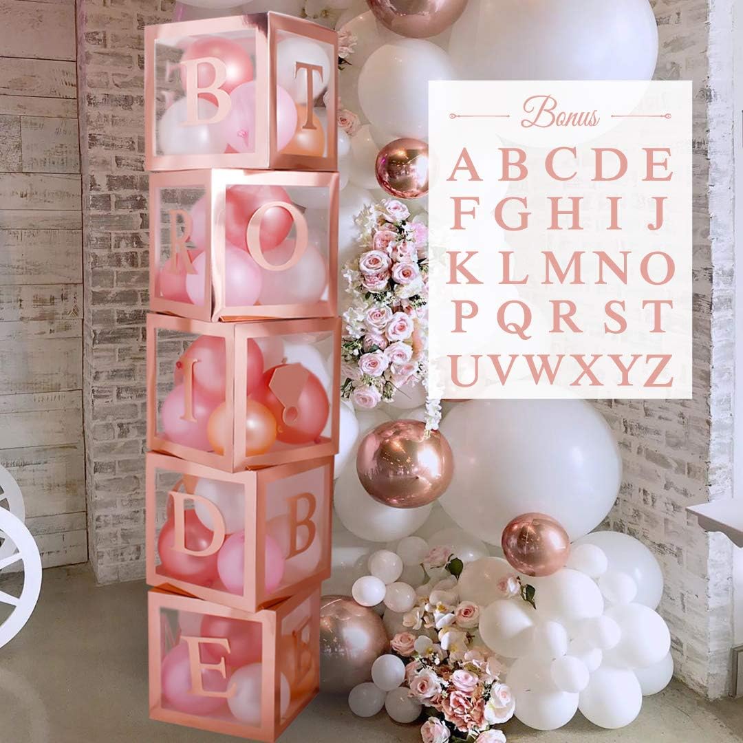 96 PC Bridal Shower Decorations Balloon Boxes Rose Gold - Transparent Block with BRIDE TO BE + GROOM + A - Z Letters and 40 Balloons- Engagement Bachelorette Parties Weddings Centerpieces Photo Booth