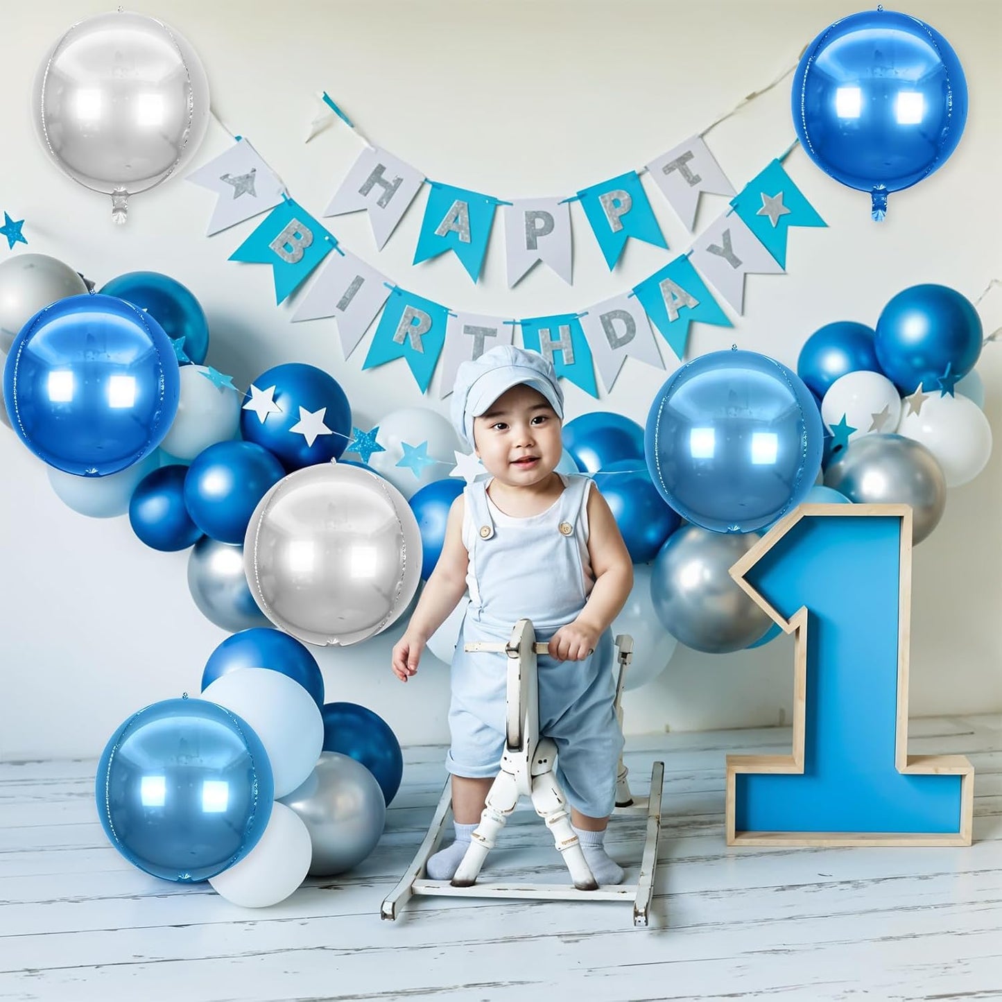 6Pcs Blue Silver Round Foil Balloons,Giant 4D Round Ball Balloons,22 Inch Metallic Blue Silver Balloon for Birthday Wedding Graduation Prom Party Decorations