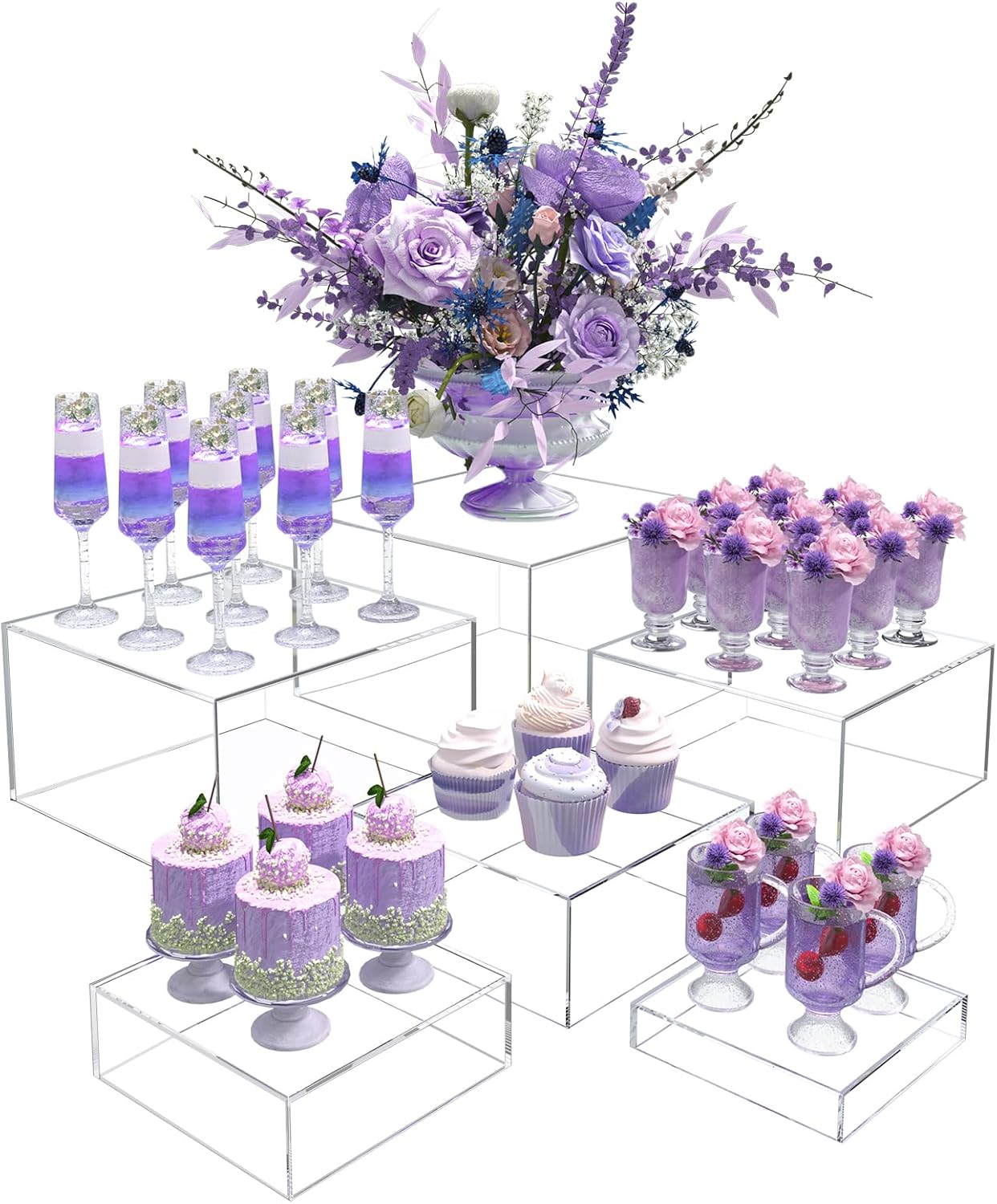Buffet Risers, Food Display Risers for Party, Crystal Clear Acrylic Risers Display Stand for Buffet Table, Catering Displays for Dessert, Cube Box Nesting Riser with Hollow Bottom