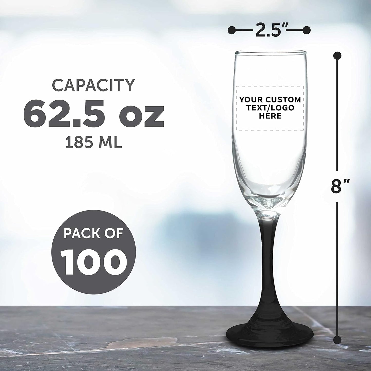 DISCOUNT PROMOS Custom Premiere Champagne Flutes 6.25 oz. Set of 100, Personalized Bulk Pack - Elegant Drinkware for Weddings, Events, & Promotional Gifts - Black