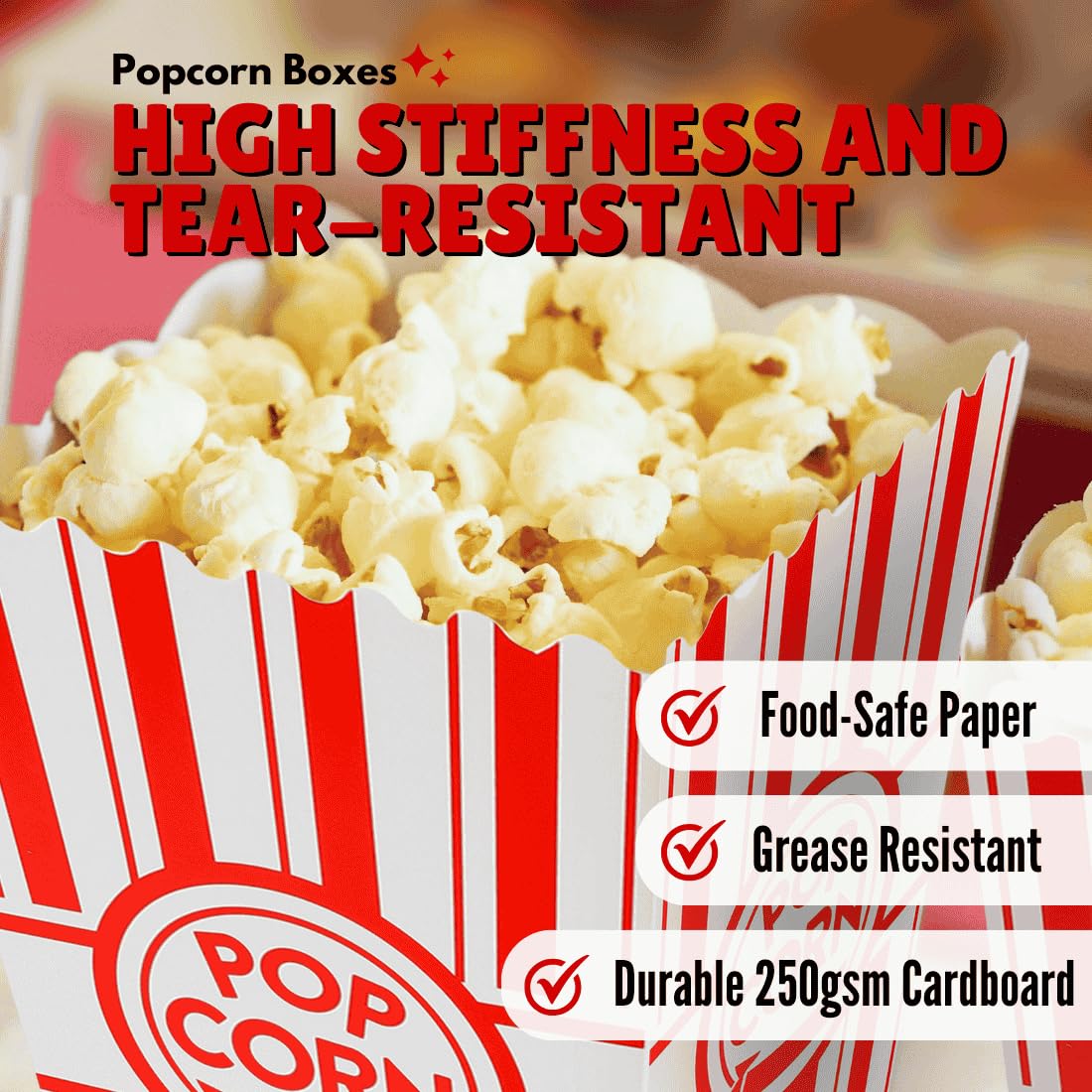 ZEEGO0 20-Pack Popcorn Boxes, Sturdy and Durable Popcorn Bucket, 7.75in Tall Large Capacity Popcorn Containers, Cups & Bowls, Convenient Movie Night Supplies, Perfect for Families, Parties, Carnivals