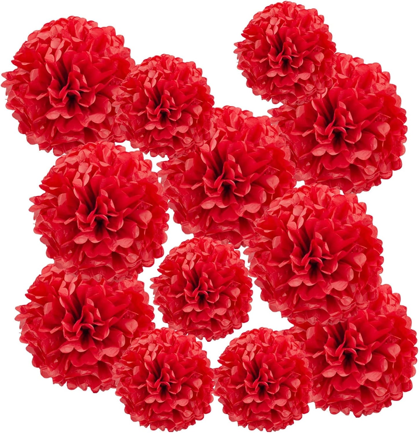 Red Paper Pom Poms - Party Tissue Paper Flowers Balls - Party Hanging Decoration Supplies - Size of 10inch, 12inch, Great for Wedding, Birthday, Any Parties and Events (12 PCS)