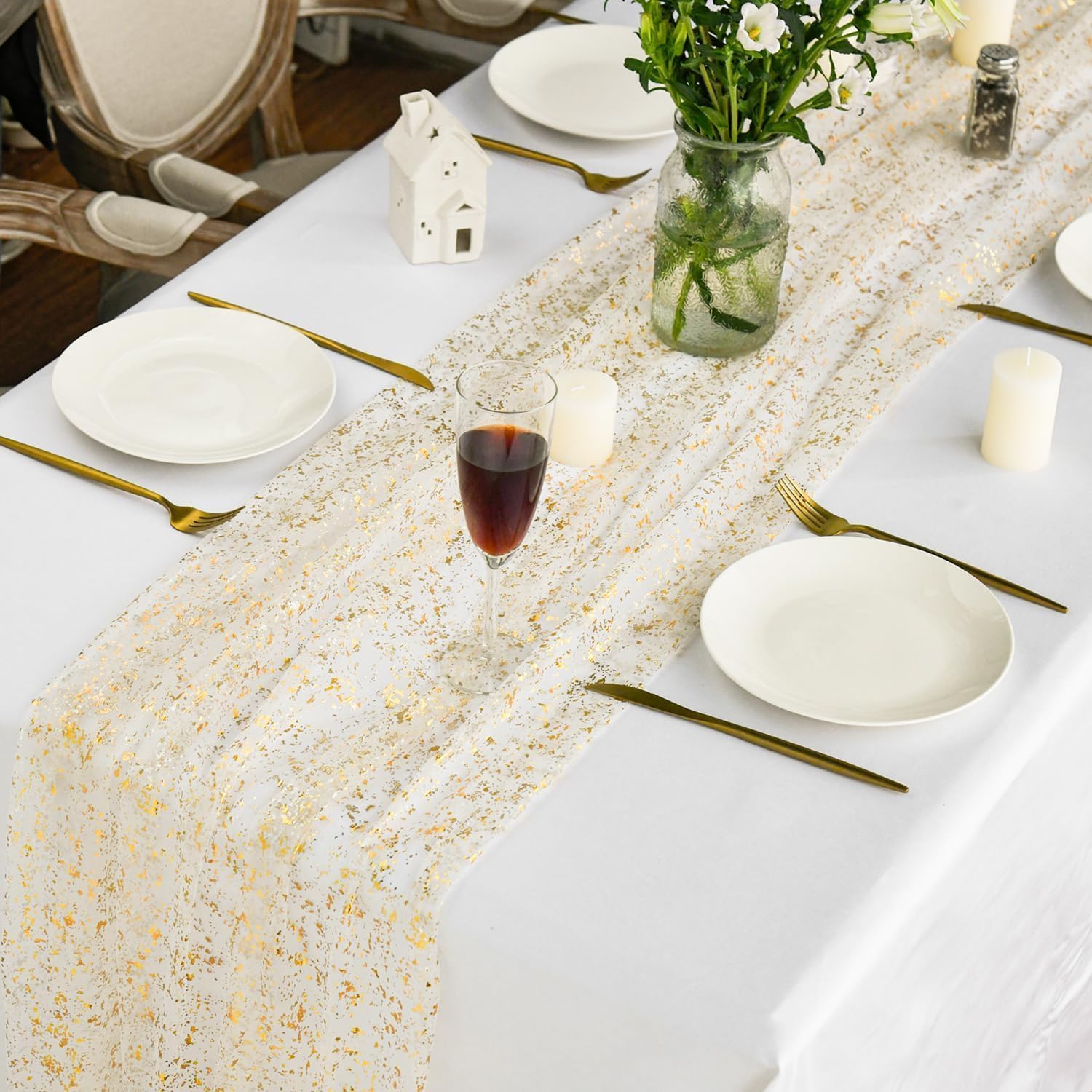 Artoid Mode Beige Gold Gauze Table Runner 120 Inch 10FT, Glitter Metallic Foil Sheer Dining Wedding