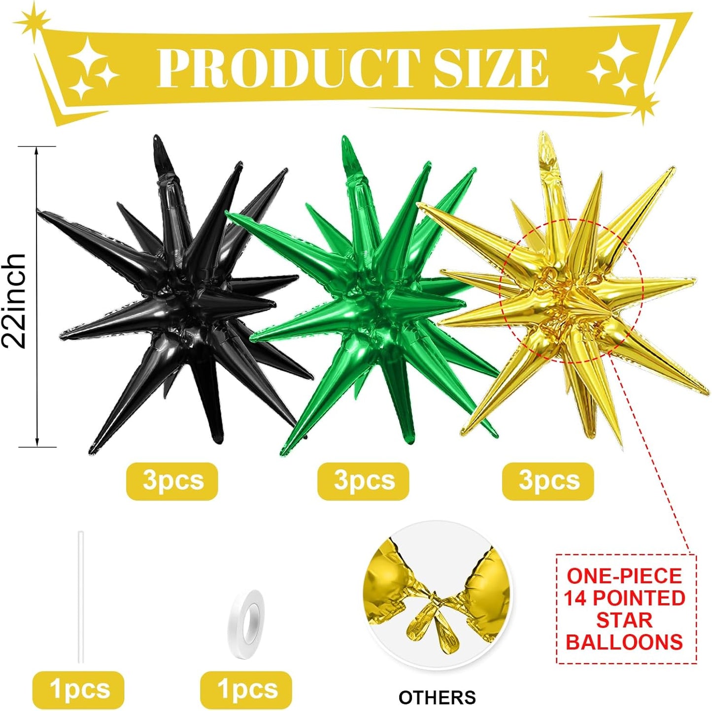 Black Green Gold Star Balloons,9Pcs 22Inch Black Green Gold Explosion Spike Cone Helium Polyester Film Star Foil Balloons for Birthday Anniversary Baby Shower Wedding Disco Party Decorations