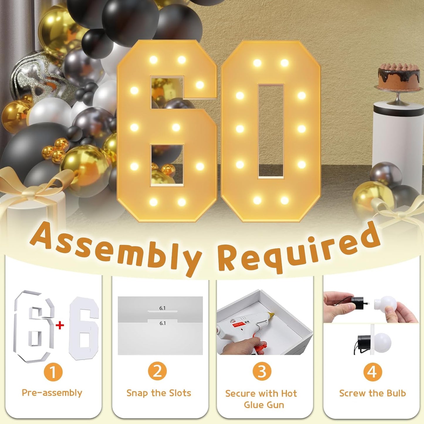 imprsv 4FT Light Up Numbers, Marquee Numbers 60th Birthday Decorations for Women Men, 60th Birthday Women Foam Board Anniversary Party Decorations Arch Kit (DIY)