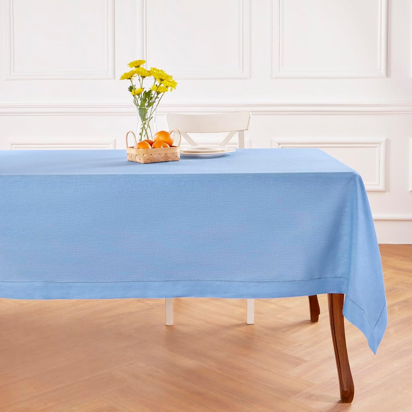 Solino Home Cornflower Blue Linen Tablecloth 60 x 90 Inch - 100% Pure Linen Hemstitch Table Cloth for Rectangle Tables - Classic Hemstitch, Machine Washable Tablecloth for Christmas, Holiday