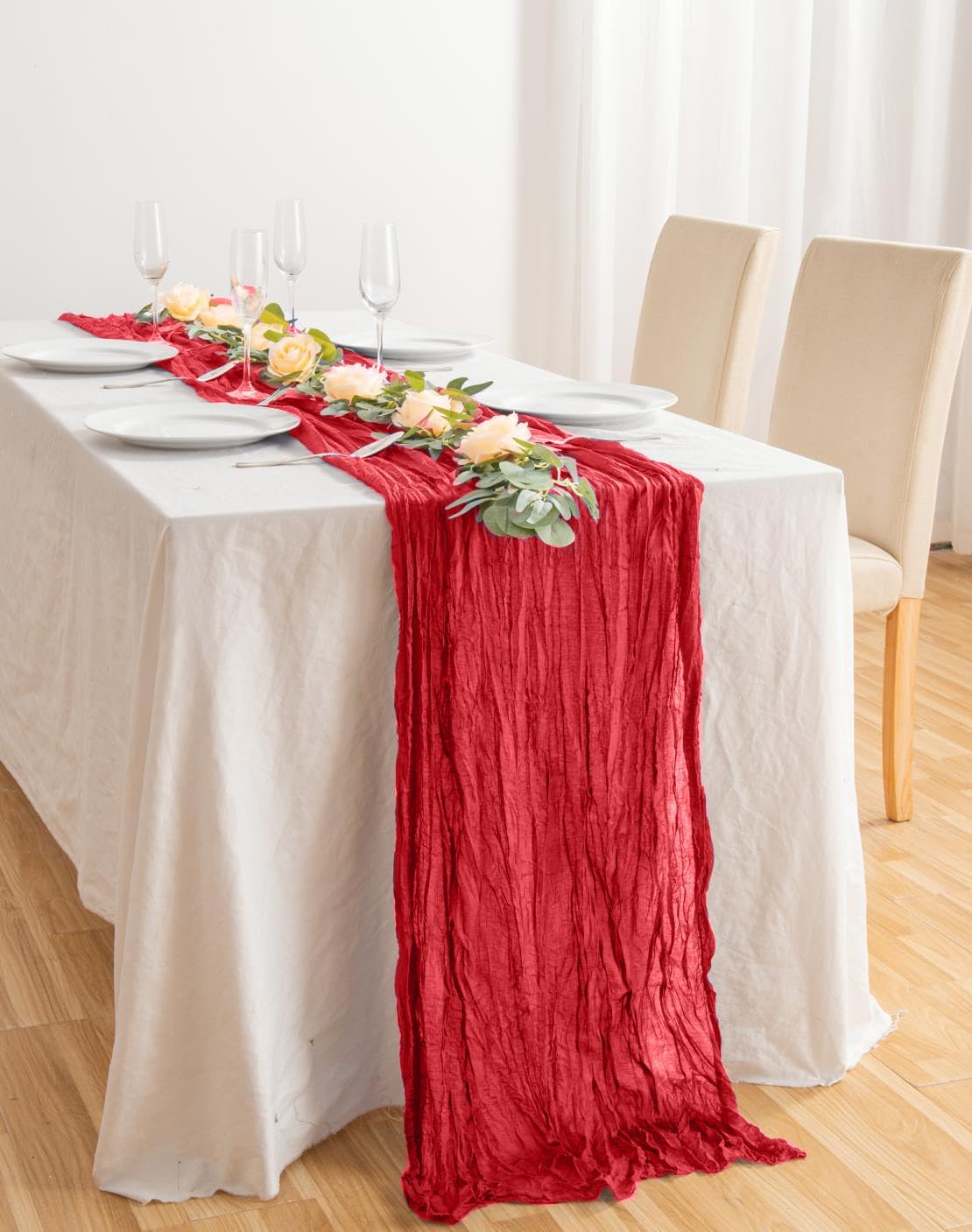 6 Pack 10ft Red Cheesecloth Table Runner 21x120 Inch Boho Wrinkled Sheer Romantic Gauze Decor for Wedding, Bridal Shower, Birthday Party