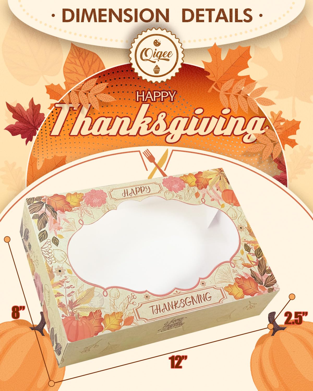 qiqee Thanksgiving Cookie Box with Window 12x8x2.5 inch 32 Packs Two Uses One Second Folding Pastry Biscuit Retro Leaves Bakery Box for Packaging Auto-pop up