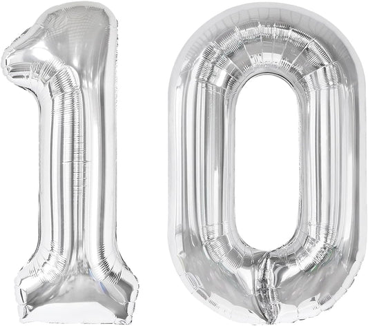 Silver 40 Inch 10 Number Balloons, 10 Decorations for 10 100 Birthday, Foil Giant Birthday Graduations Anniversary Party Balloons