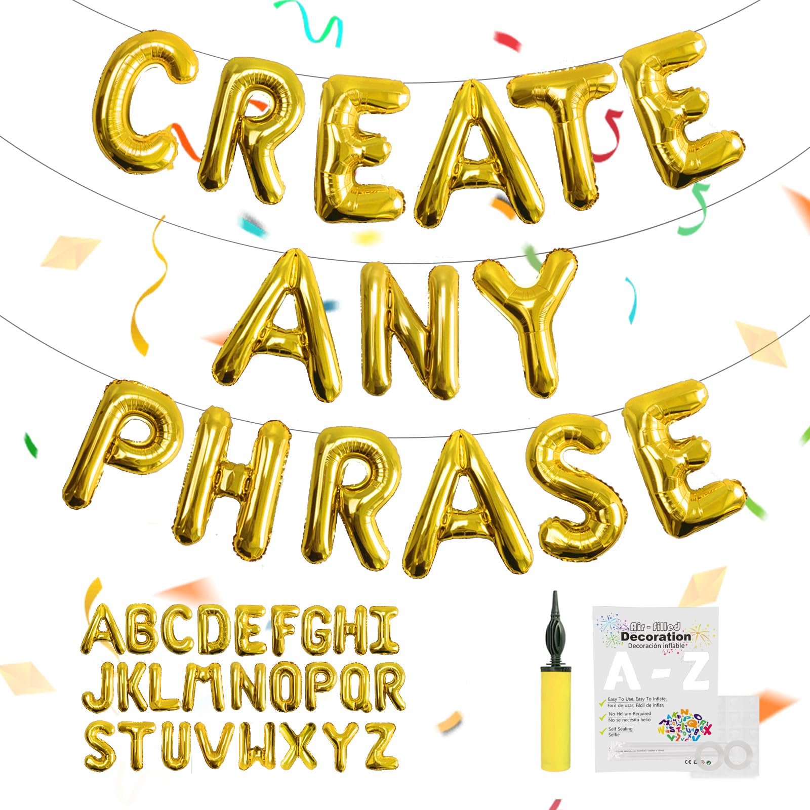 TangTuan 52 pcs Gold Foil Letter Balloons with Air Pump, 16 Inch 2 A-Z Sets - Mylar Alphabet