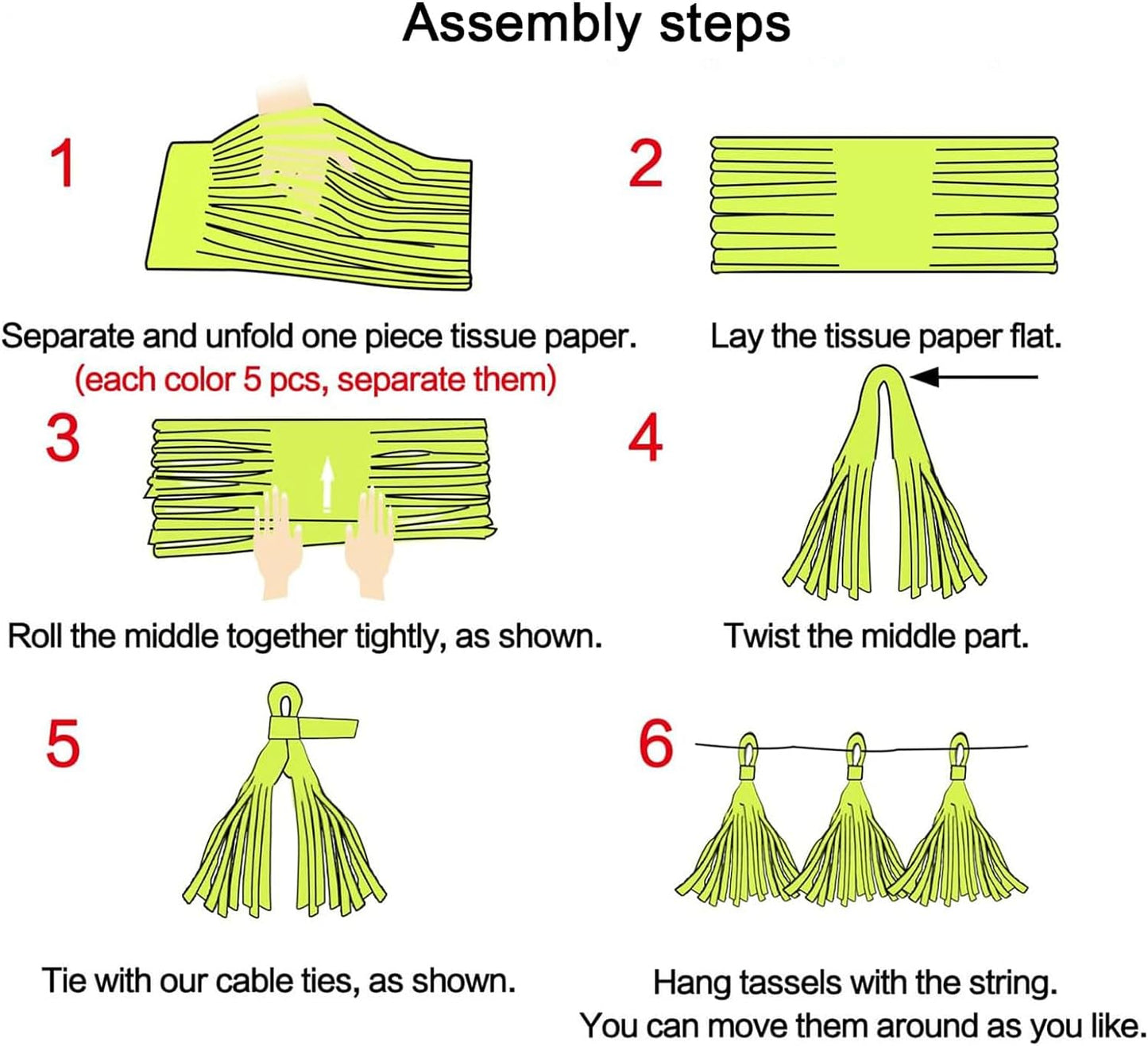 Green Light Green and Yellow Tassel Garland Banner Paper Tassels for Party Decorations,Pack of 15