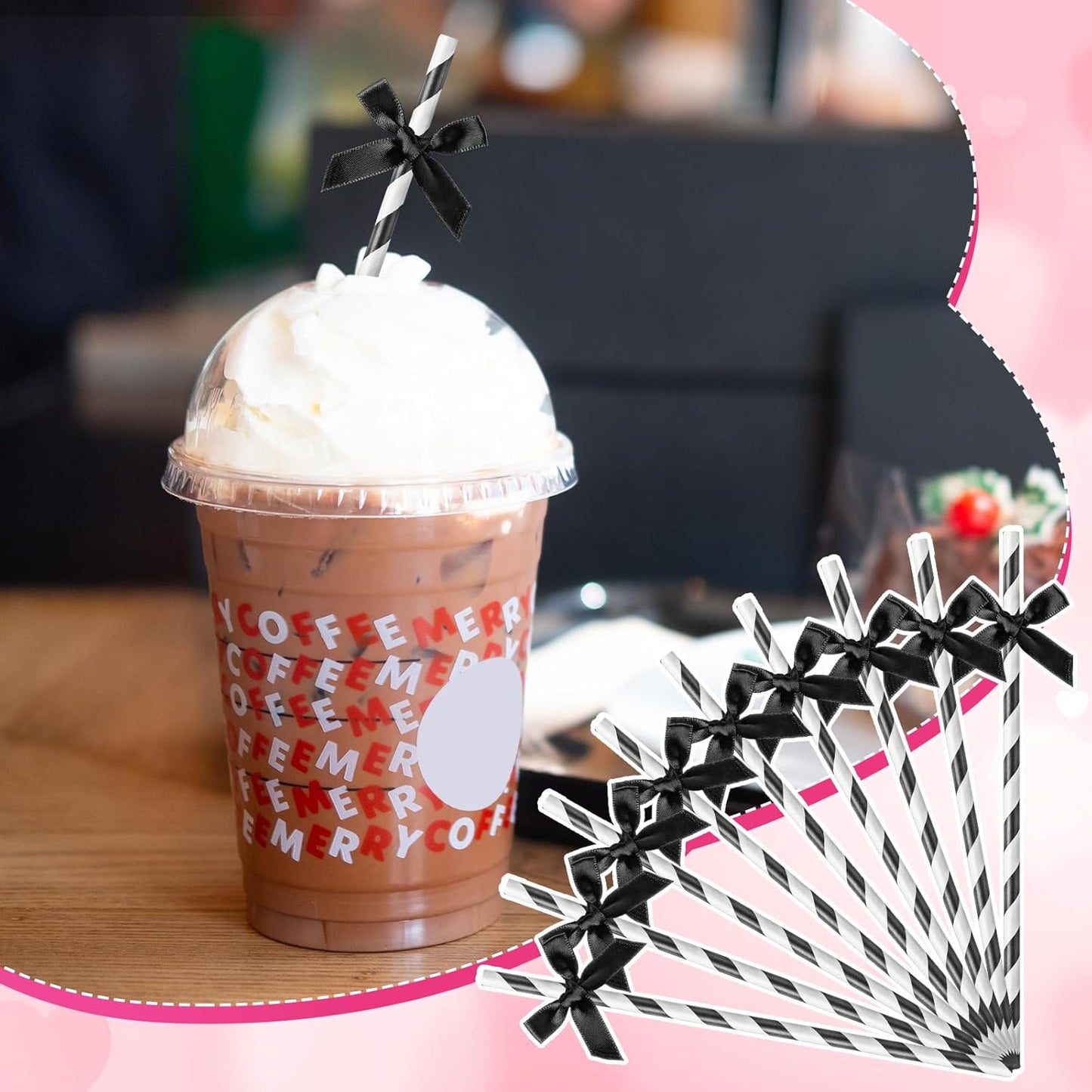 100 Pcs Black Bow Paper Straws for Drinking, Black and White Disposable Striped Paper Straw Bulk Birthday Party Supplies for Wedding Bachelorette Halloween Bridal Shower Party Decorations