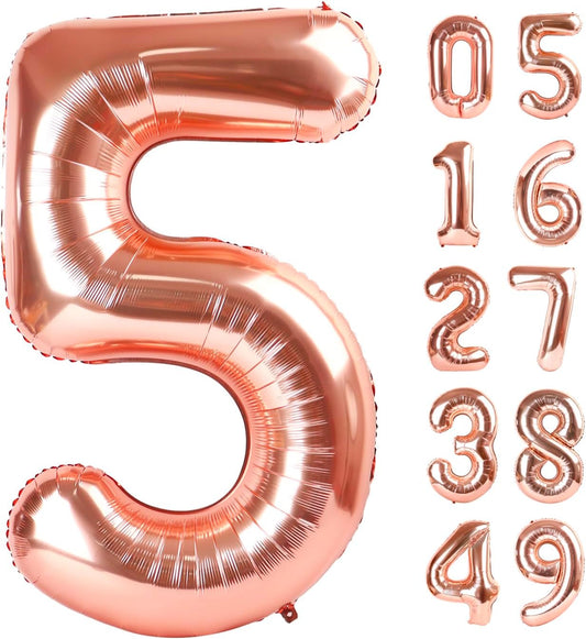 Rose Gold 40 Inch Large Number 5 Birthday Balloon, 2025 Five 5th 15 25 35 50 55 Birthday Celebration Decorations, Rose Gold Foil 5 Mylar Helium Balloons Girl Boy Anniversary Party Supplies