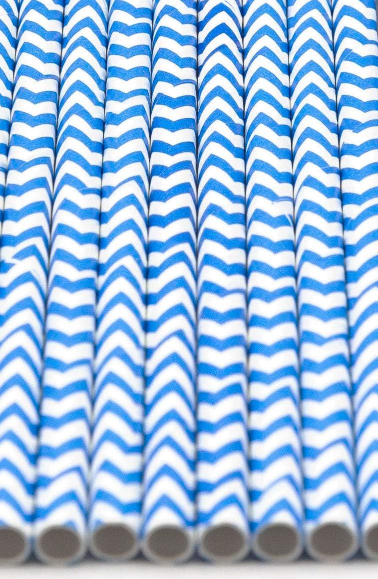 Pack of 150 Sky Blue Chevron Biodegradable 4-Ply Paper Drinking Straws (Compostable, Non-toxic, BPA-free)