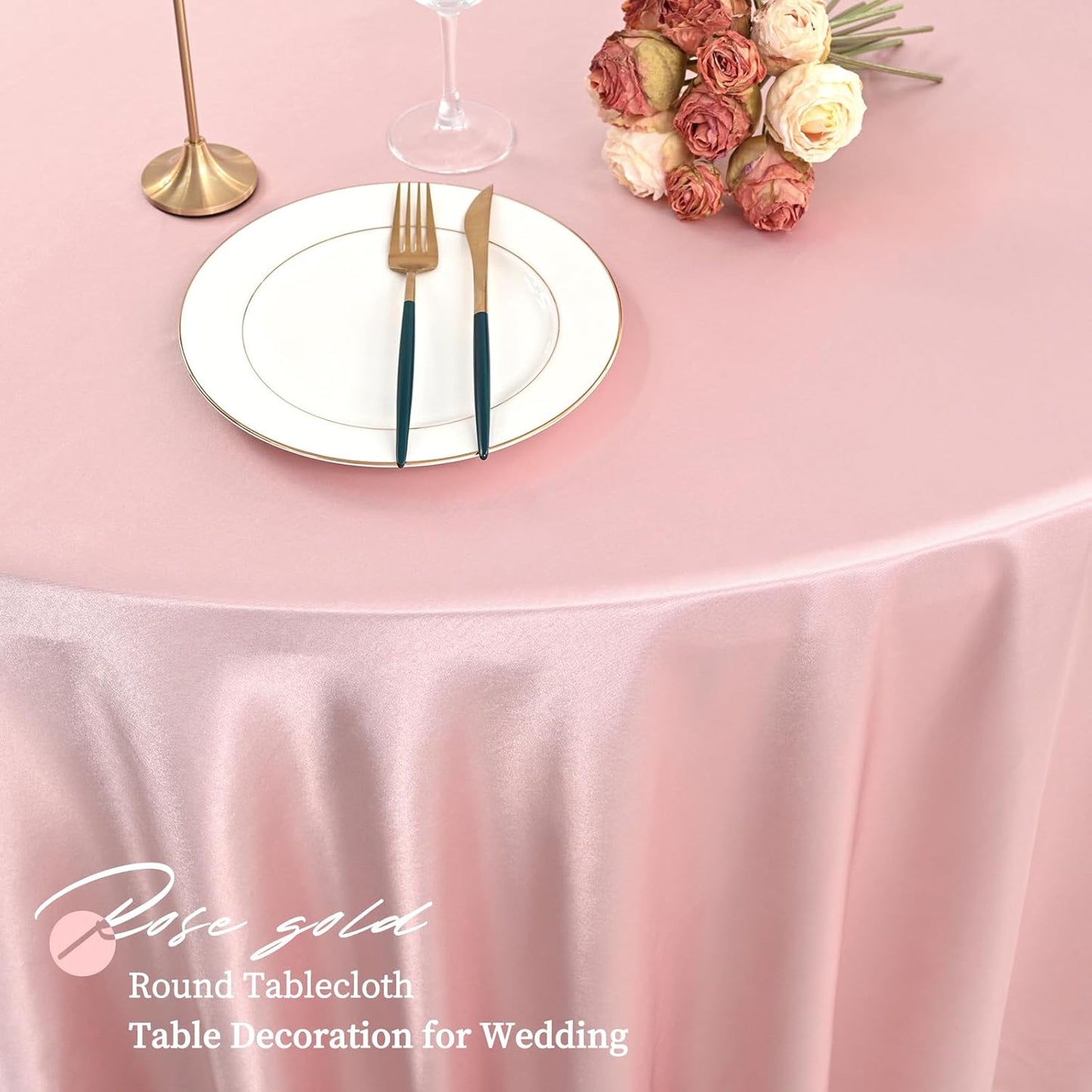 12 Pack 120 Inch Rose Gold Satin Tablecloth - Premium Bright Silky Round Tablecloth Overlay Smooth Fabric Table Cover, Table Decoration for Wedding Party Banquet Events Restaurant Kitchen Dining
