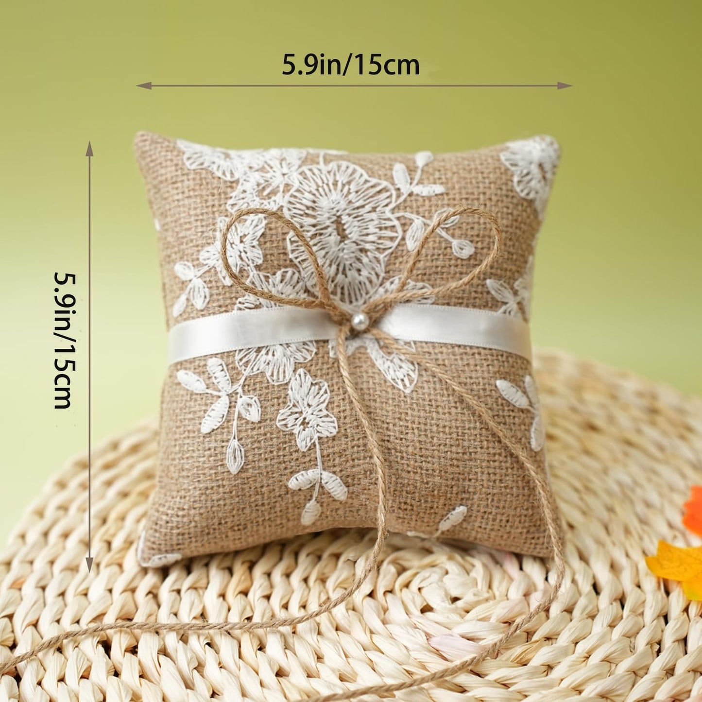 QIRMIZI 2PC Vintage Rustic Burlap Ring Bearer Pillow - Elegant Fall Wedding Décor with Lace, Bow, and Embroidered Flower Ribbon