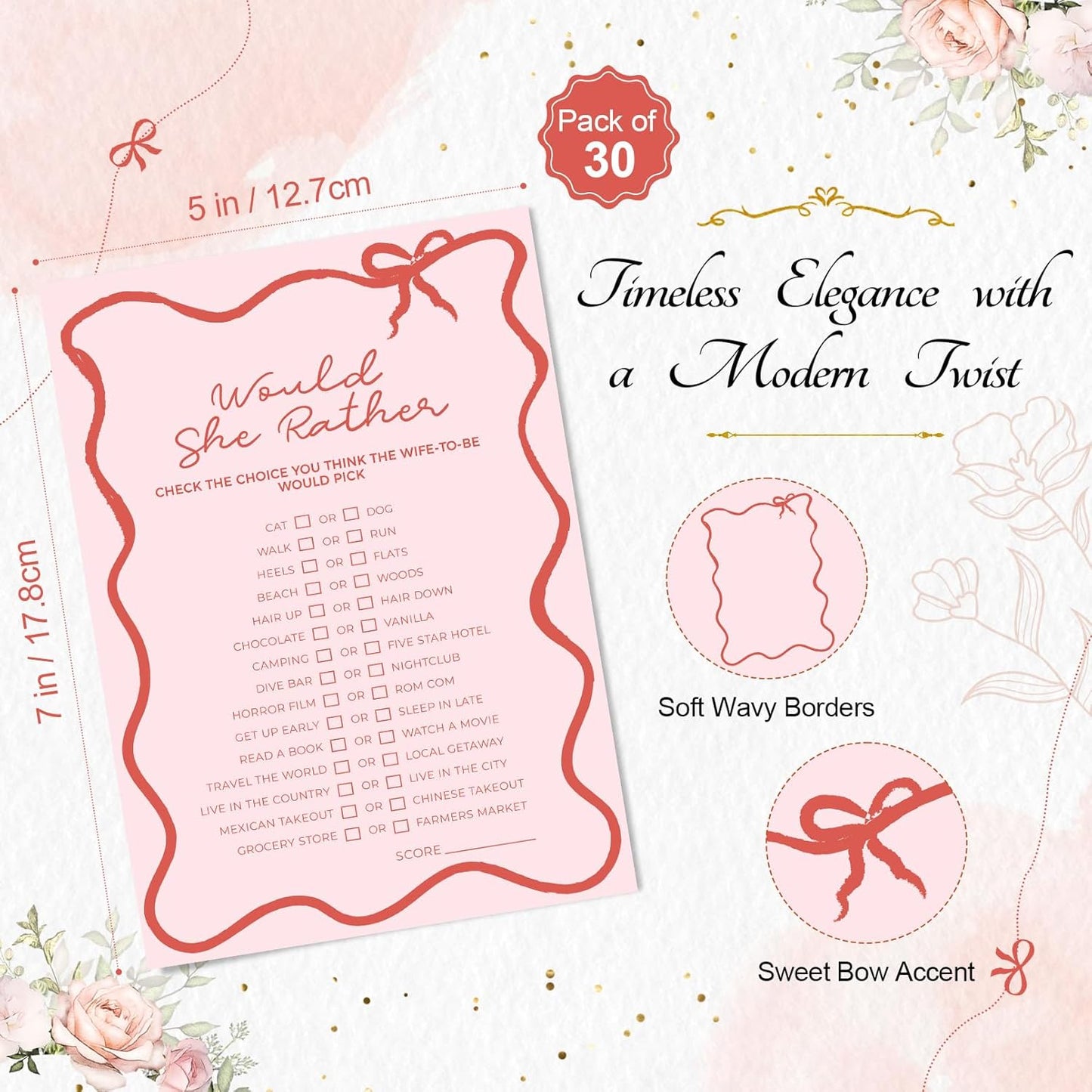 DEEKA 30 PCS Bridal Shower Games Card for 30 Guests Pink Wavy Border Ribbon Bow Funny Wedding Bachelorette Party Games for Reception (Would She Rather)