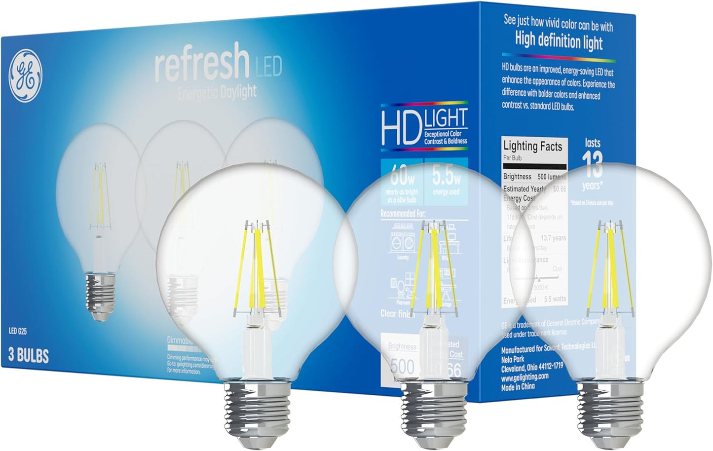 GE Refresh LED Light Bulbs, 60 Watt, Daylight, G25 Globe Bulbs, Clear, Medium Base 3 Count, (6 Pack)