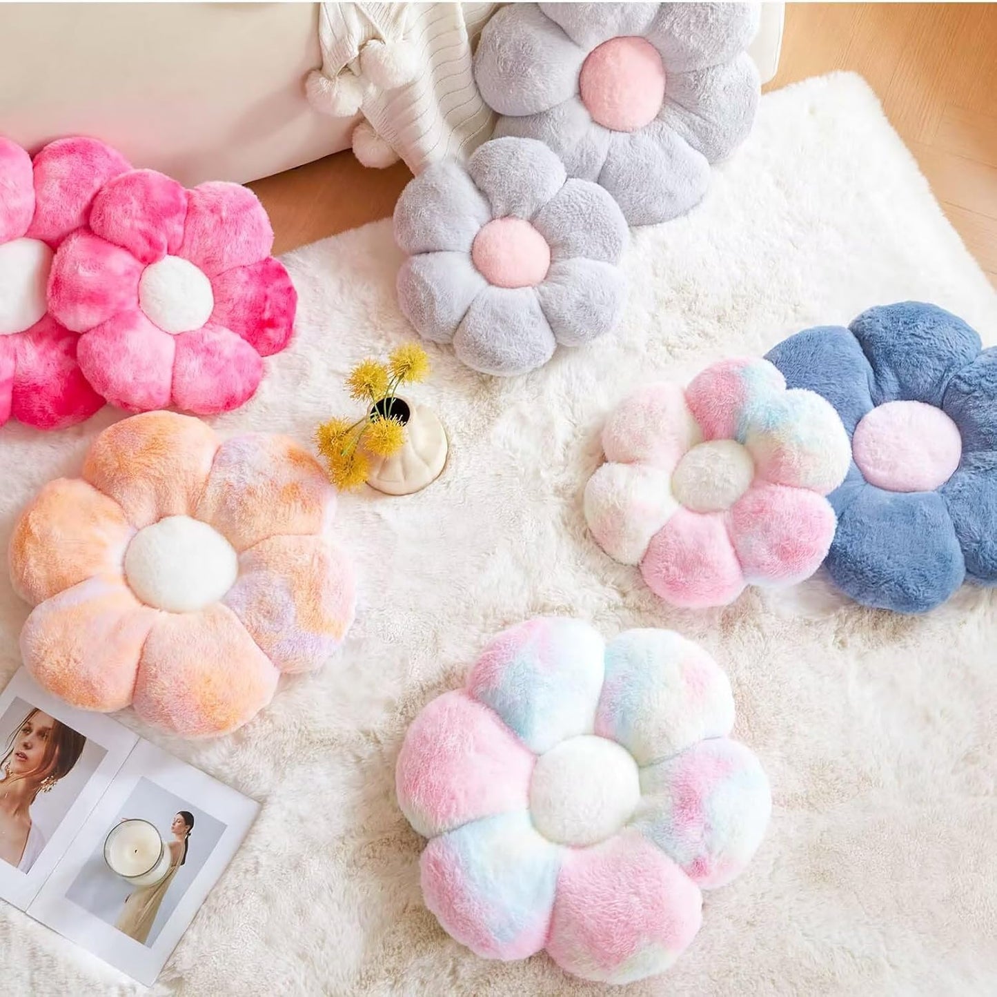 Blue Flower Pillow, 17.7" Flower Shaped Plush Decorative Throw Pillow for Bed