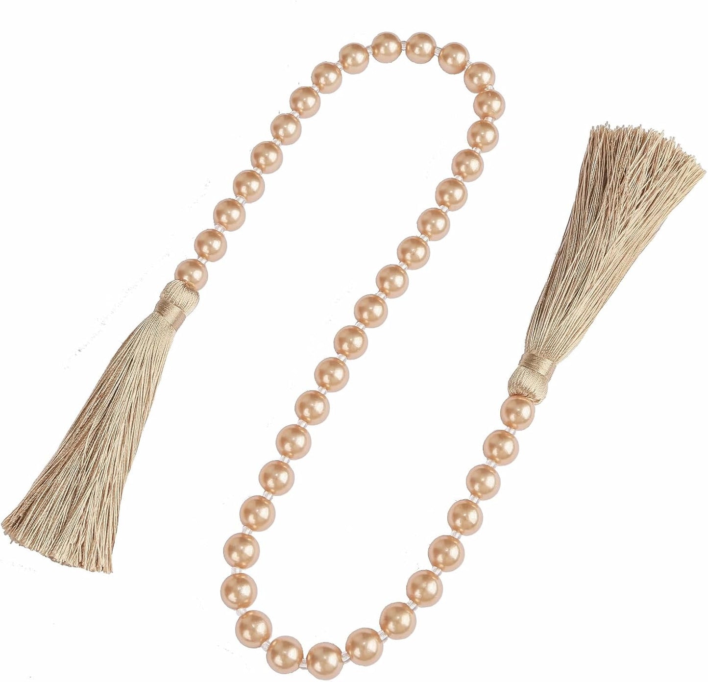 Fenghuangwu 34 Inch Pearl Glass Bead Garland with Tassels - Elegant Boho Table Decor, Fringe Wall Hanging for Wedding, Party, Farmhouse Rustic Prayer Bead Home Decoration(1 Pack,Champagne Gold)