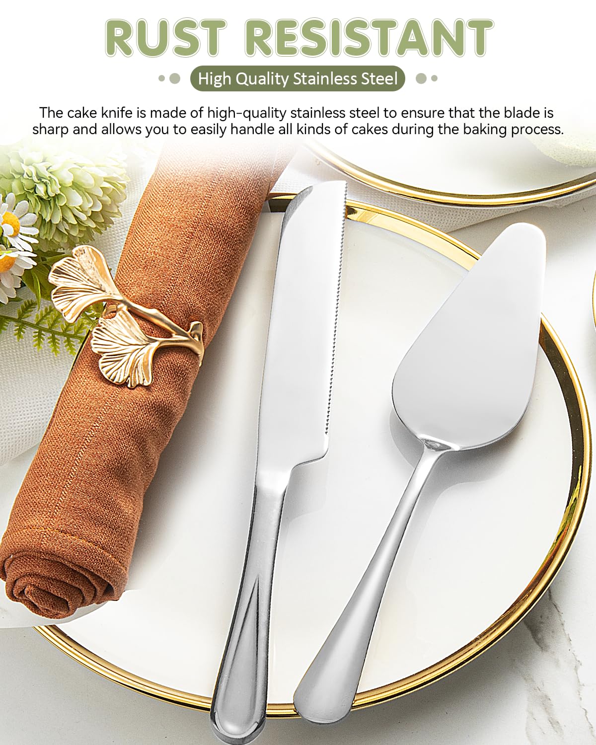FTAKRY 2-Piece Premium Cake Cutting Set, Exquisite Knife and Server with Serrated Design, Includes