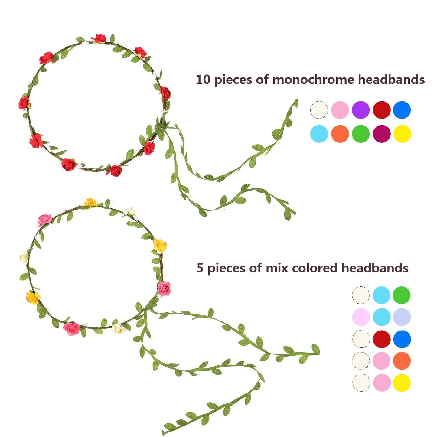 EBOOT 15 Pieces Assorted Colored Flower Crown Wreath Headband Garland Multicolor Headbands Floral