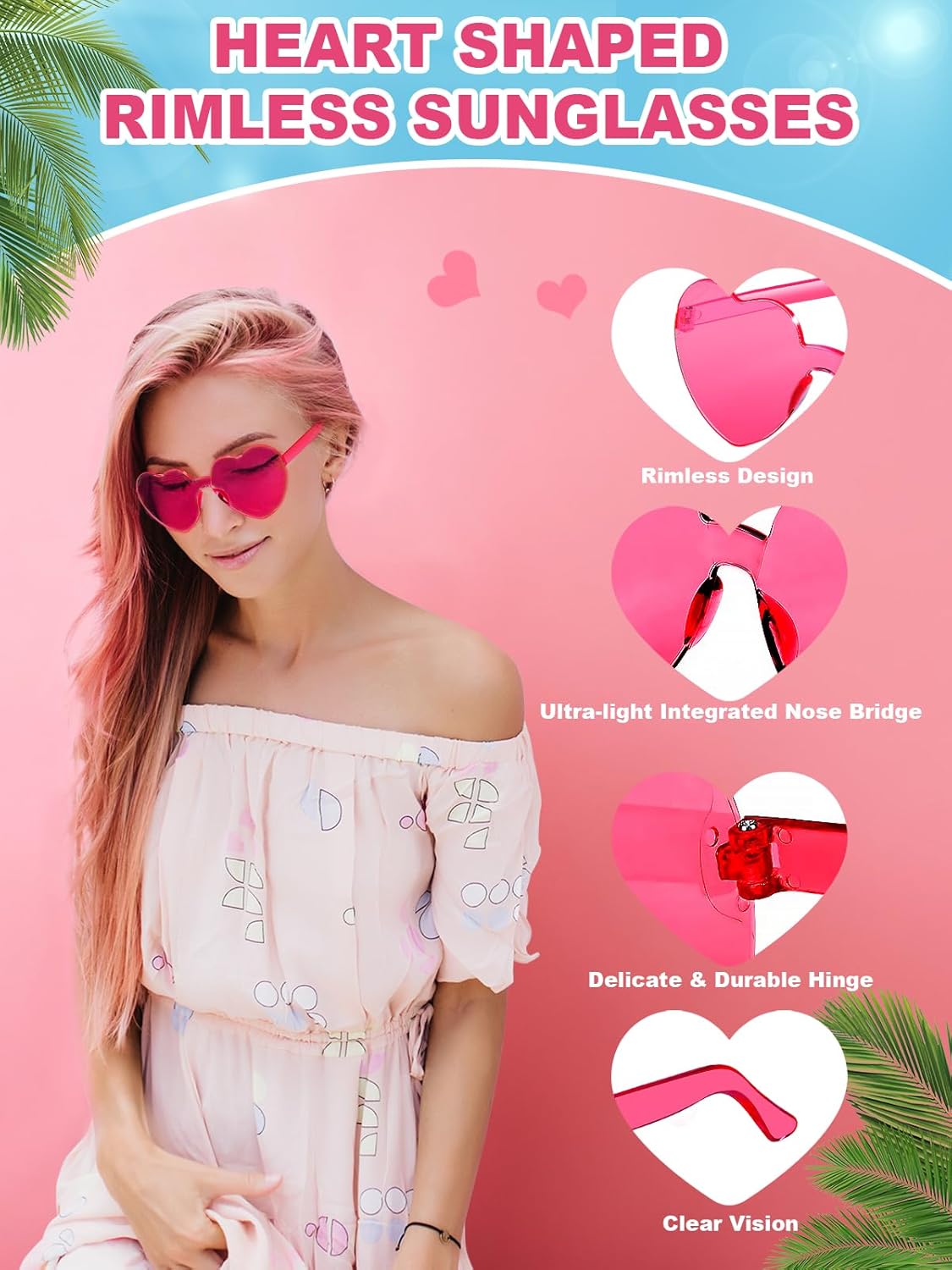 12 Pairs Heart Shaped Sunglasses for Women Colorful Glasses Fun Trendy Transparent Heart Sunglasses Party Favor (1 Pair-Rose)