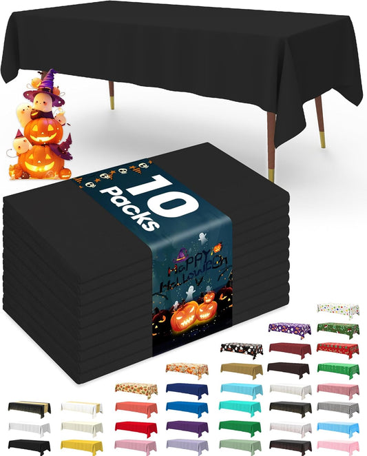 Pureegg Plastic Table Cloth Disposable 10 Pack, 54 x 156 Inch Table Cloths, Halloween Party Decorations, Summerween Decor, Halloween Tablecloths, Rectangle, Plastic Cover, Leakproof & Sturdy, Black