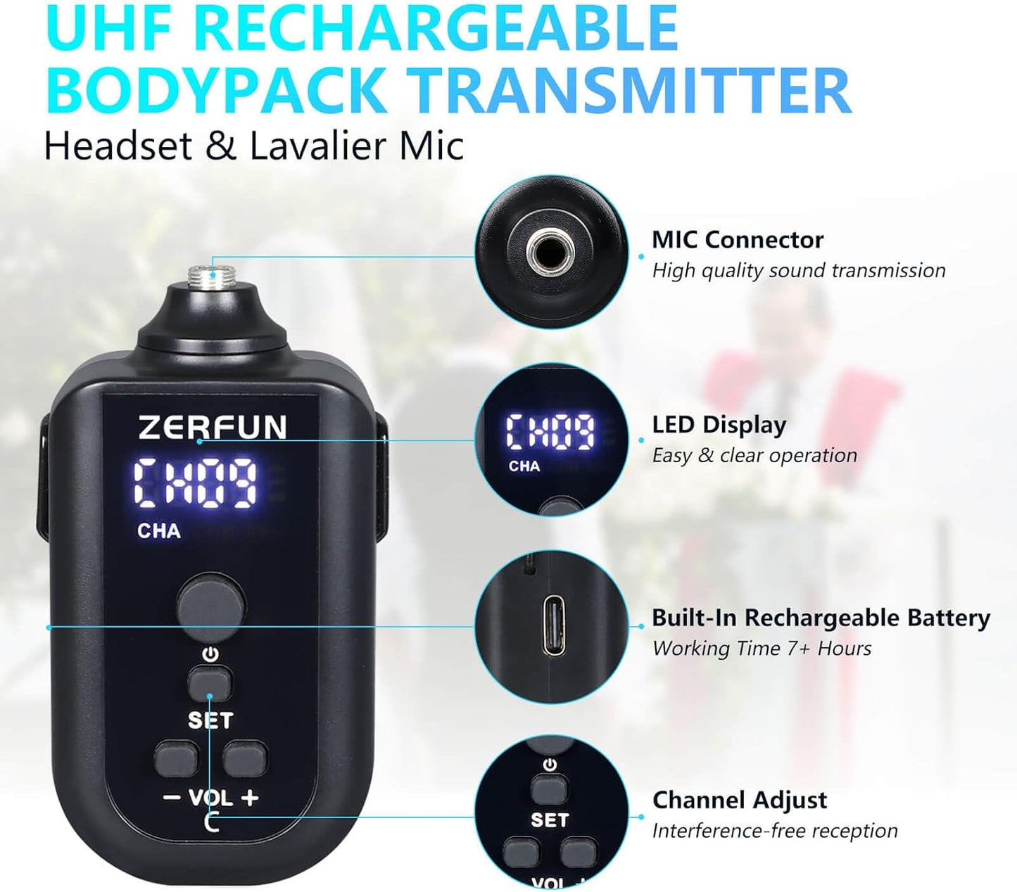 4 Channel Rechargeable Wireless Microphone System, Pro UHF Metal Handheld Headset Lavalier Lapel Cordless Mics for Karaoke Singing Church with VOL Control, 4x50 Adjustable Frequency(G8)