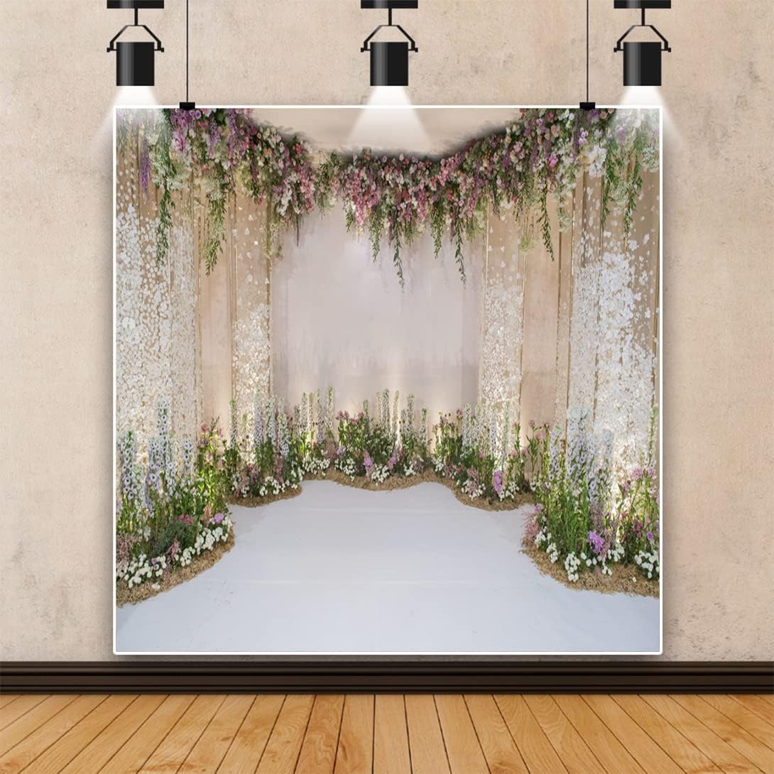 Renaiss 5x5ft Wedding Backdrop Romance Archway Flowers Blossom Sequins Curtain Cradle Ceremony Bridal Shower Photography Background for Anniversary Marriage Party Decor Photo Studio Props