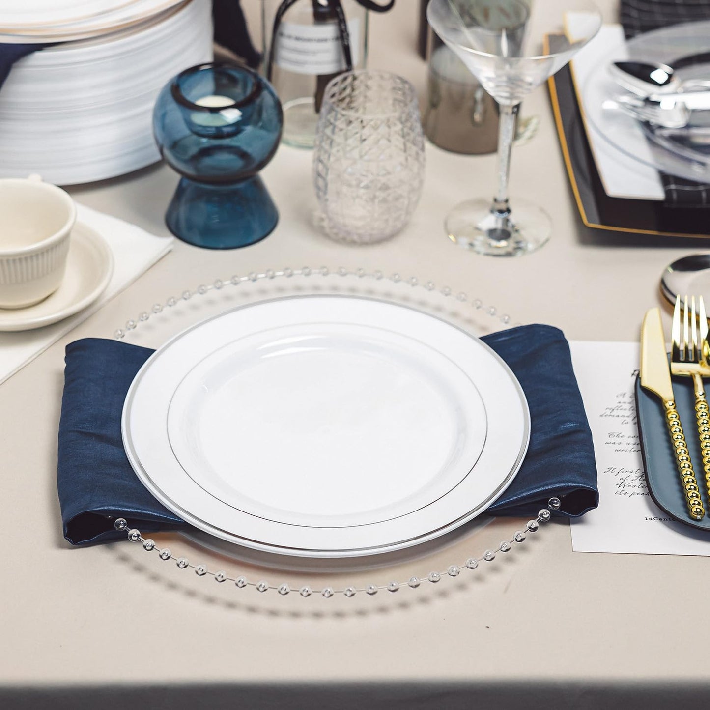 N9R 100PCS Silver Plastic Plates, 10.25 inch White Disposable Dinner Plate with Silver Rim, Heavy Duty Plates for Party, Wedding and Birthday