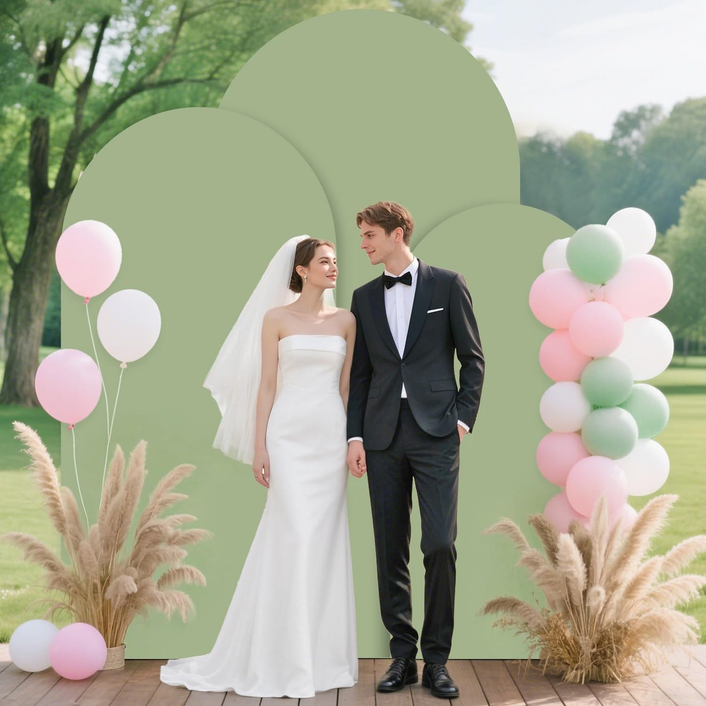 FUHSY Set of 3 Wedding Arch Backdrop Stand and Cover Set 7.2FT, 6.6FT, 6FT Metal Arch Backdrop Stand with Sage Green Spandex Arch Stand Cover Wedding Arches Frame for Birthday Bridal Baby Shower Event