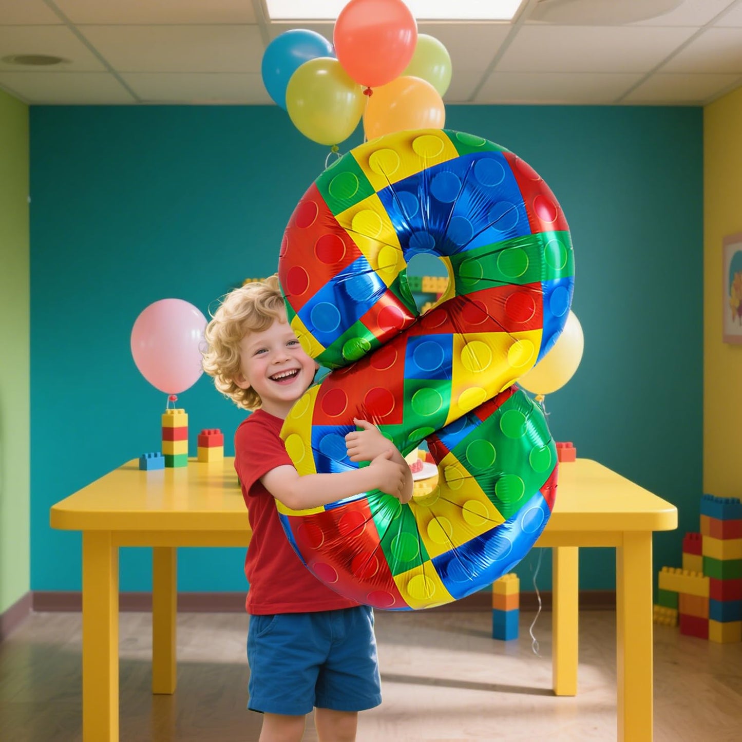 32 Inch Stackable Block Number Balloon – Colorful Brick Building Themed Big Helium Digits for Kids Birthday Party Decorations (Building Block, Number 8)