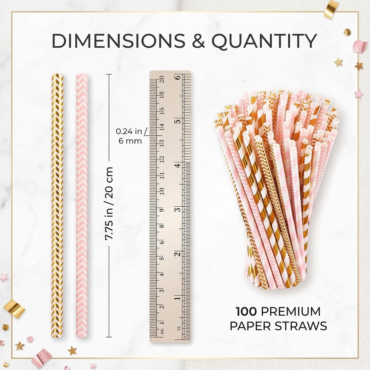 ALINK Gold Pink Paper Straws, 100 Pack Striped Party Straws