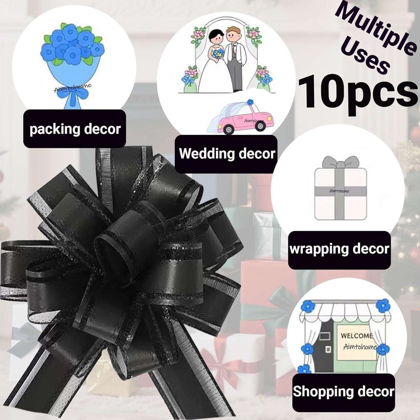 Small Pull Bows, 10 PCS 4 Inch Black Gift Bows for Wrapping,Basket, Wedding,Birthday Party,Flower Bouquet Decoration
