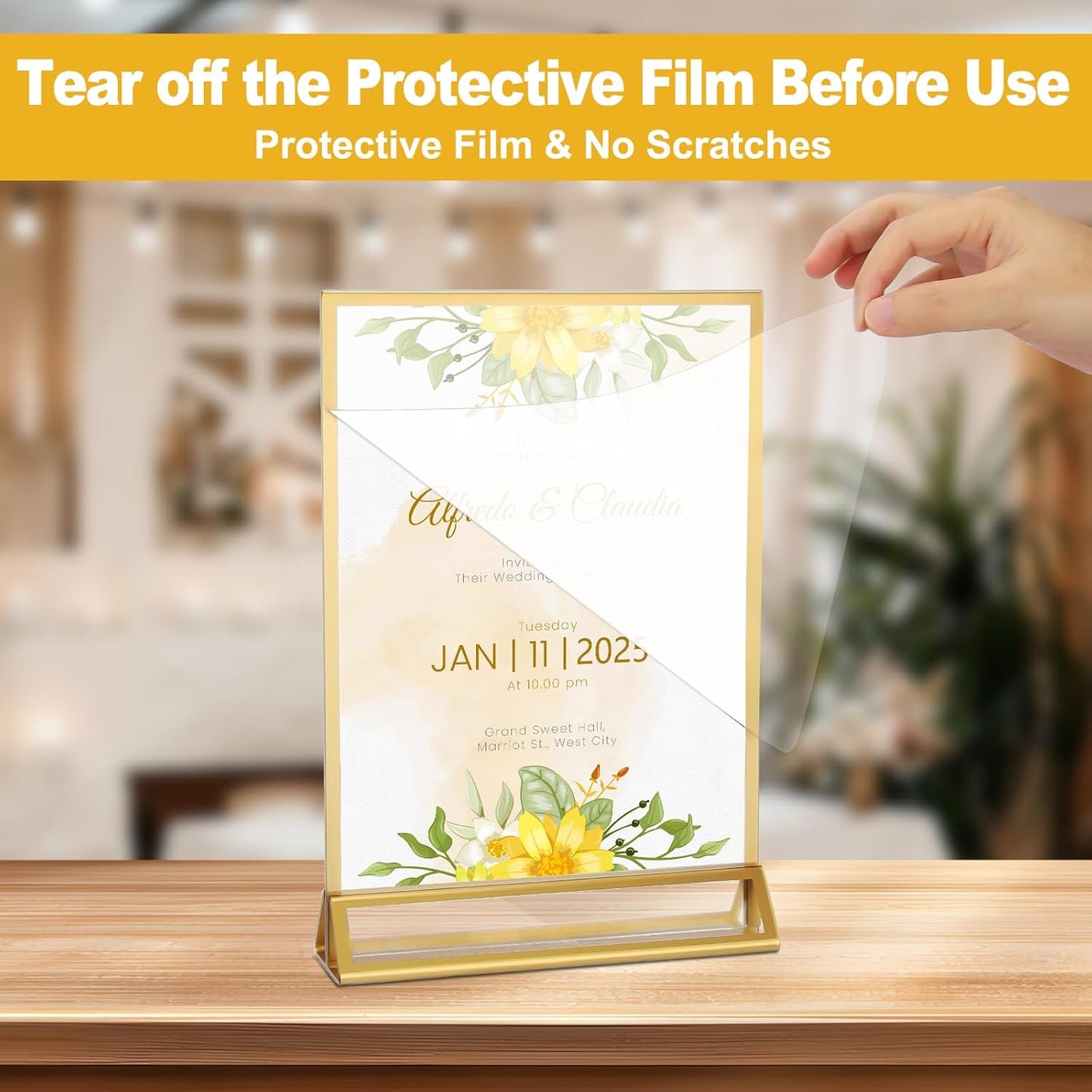 EHWINE 24 Pack Acrylic Sign Holder 5 x 7, Double Sided Gold Picture Frame Stand up Table Top Sign Holders, Clear Display Stand Menu Flyer Holder for Wedding Party