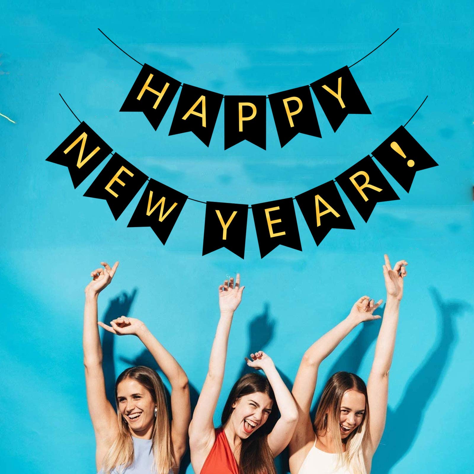 FECEDY Happy New Year Banner Black Bunting with Gold Alphabet for New Year Party Supplier Eve Party