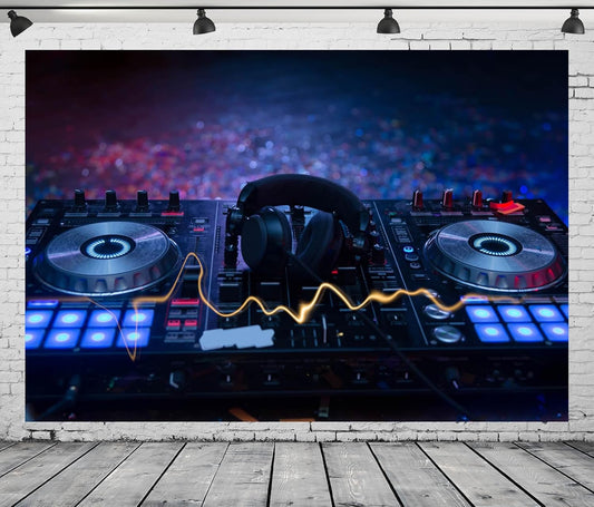CORFOTO 5x3ft Fabric Dj Mixer with Headphones Backdrop Photography Dj Sound Equipment in Dark Background Musical Dance Disco Party Decorations Live Concert Stage Photoshoot Booth Studio Props