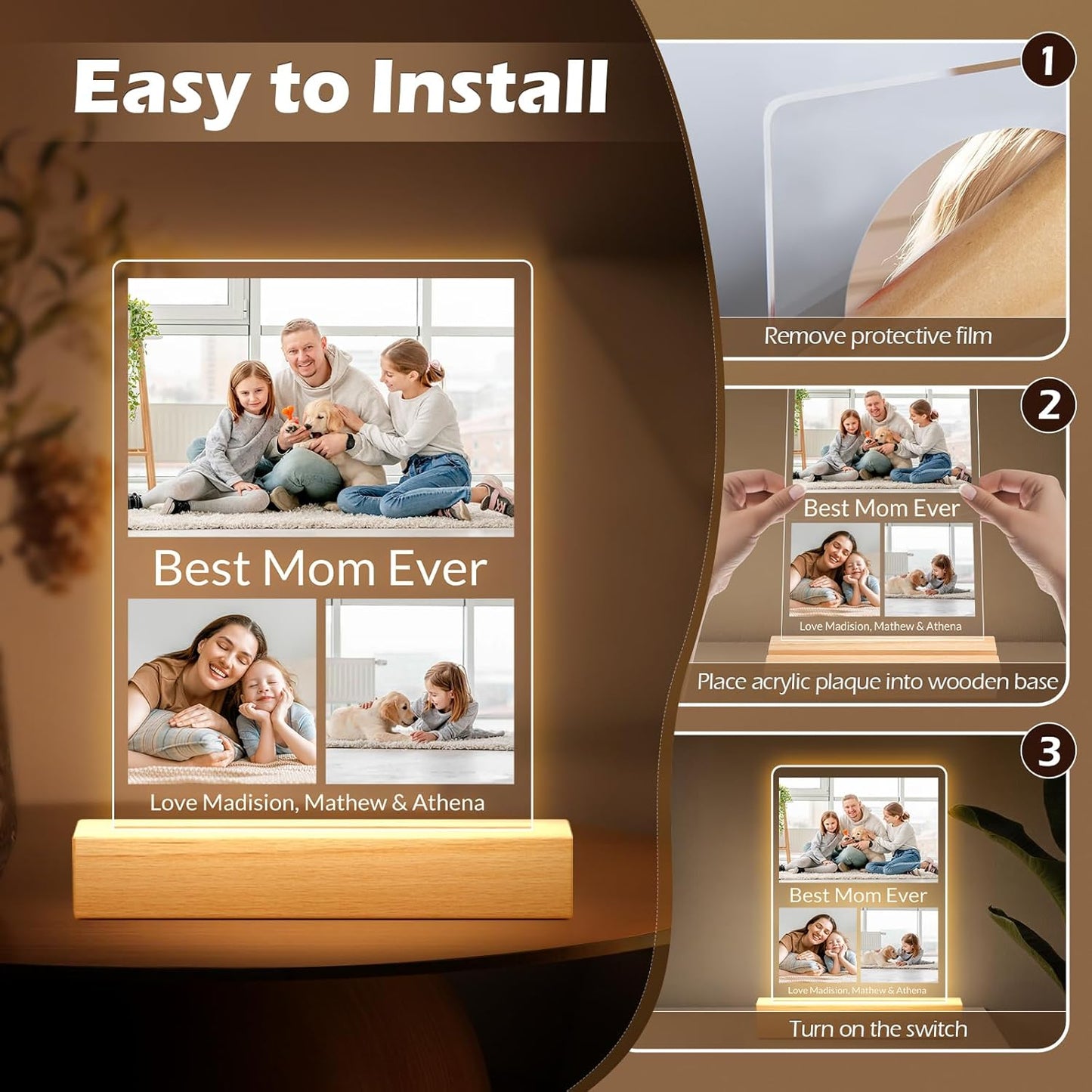 Custom Picture Frames with Photo, Personalized Acrylic Photo Frame with Night Light, Customized Picture Frames, Custom Photo Gifts, Personalized Birthday Gifts for Mom, Baby, Kids, Family