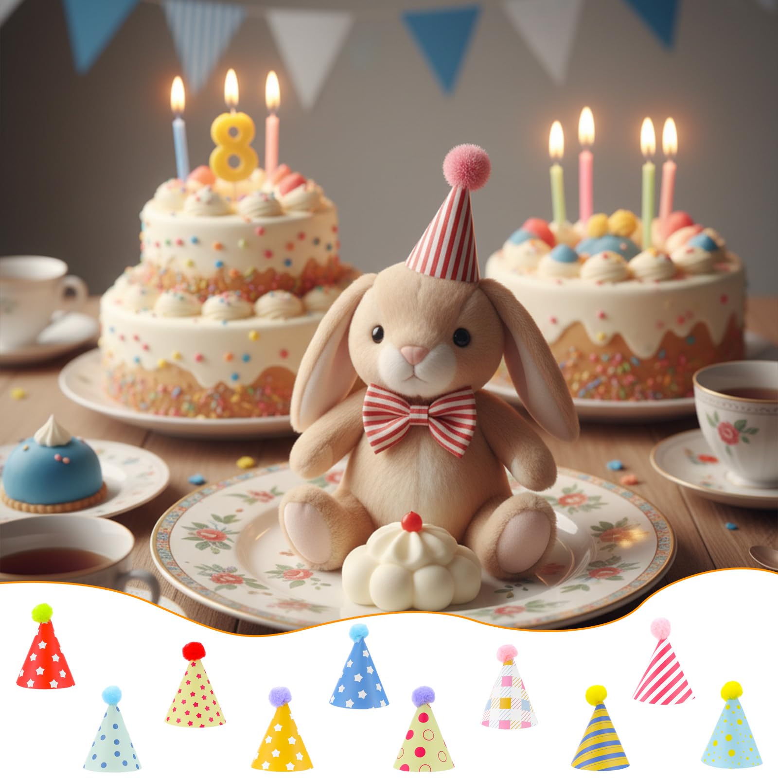 Tucnoeu 10pcs Colorful Mini Party Hats, Cute Party Hats for Stuffed Animals with Pom Poms for
