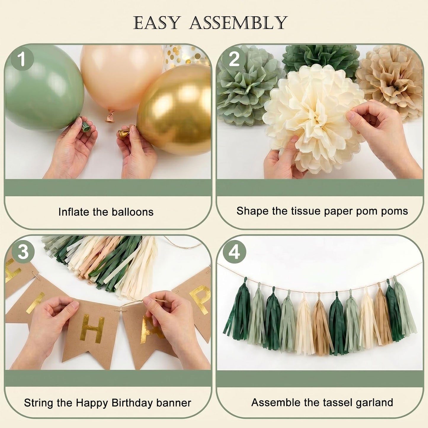 ANSOMO Sage Green Happy Birthday Party Decorations Retro Green Nude Ivory Dark Olive Kraft Paper