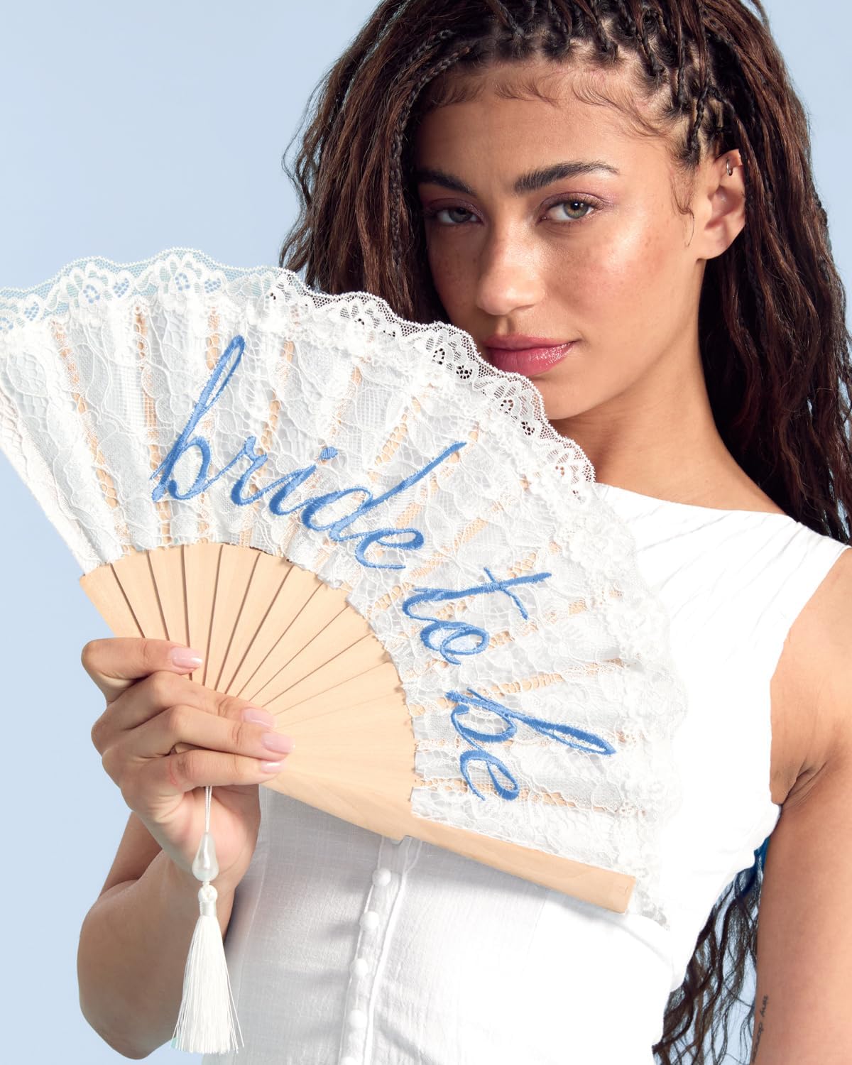 xo, Fetti White Lace Bride to Be Folding Fan | Bridal Something Blue, Wedding Accessory, Bridesmaid Gift, Embroidered Bachelorette Outfit