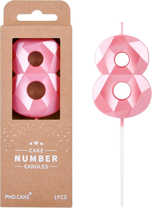 PHD CAKE 2.76 Inch Crystal Pink 8 Number Birthday Candles, Pink Cake Candles for Party Celebration