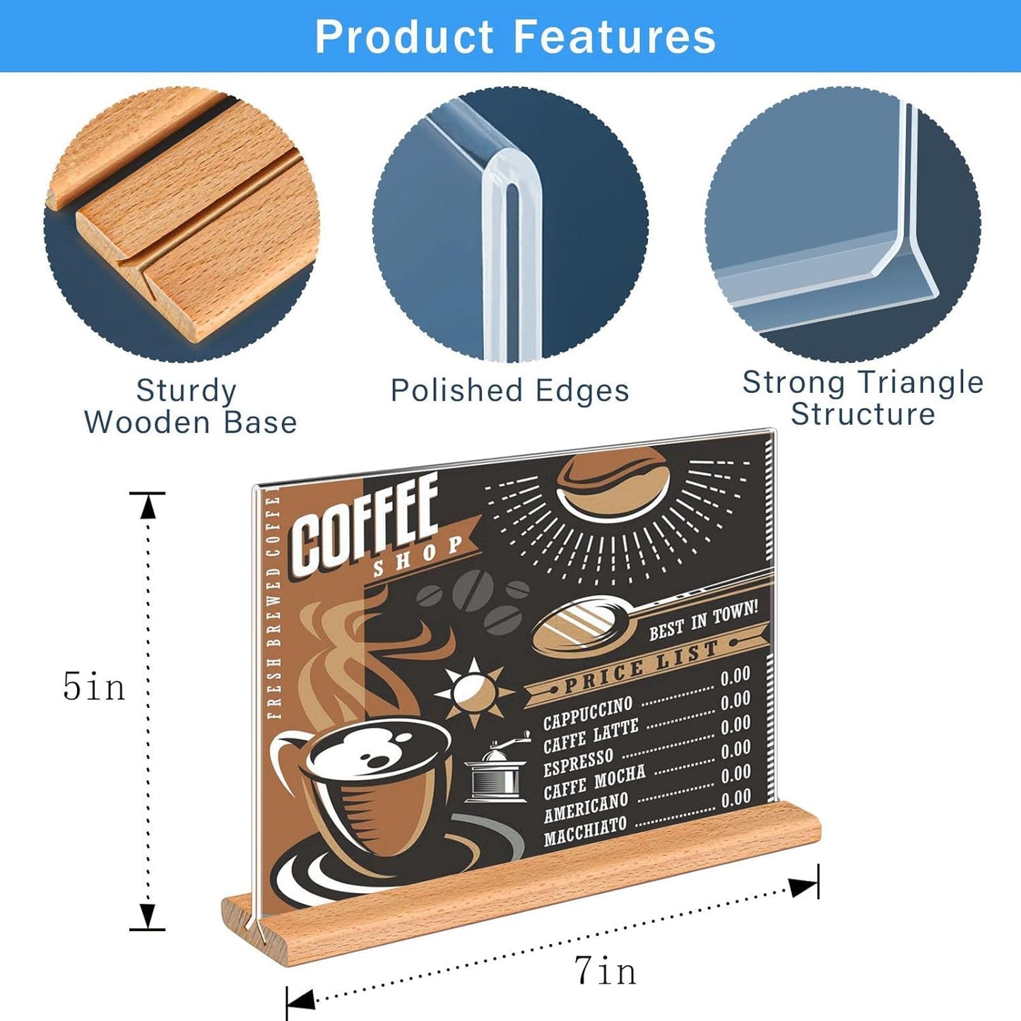 Kersally Acrylic Sign Holder 7 x 5'',6 Pack Double-Sided Clear Table Display Stands with Wood Base,Horizontal Acrylic Frame Menu Flyer Paper Holder for Store, Restaurant, Hotel, Office, Show Fair