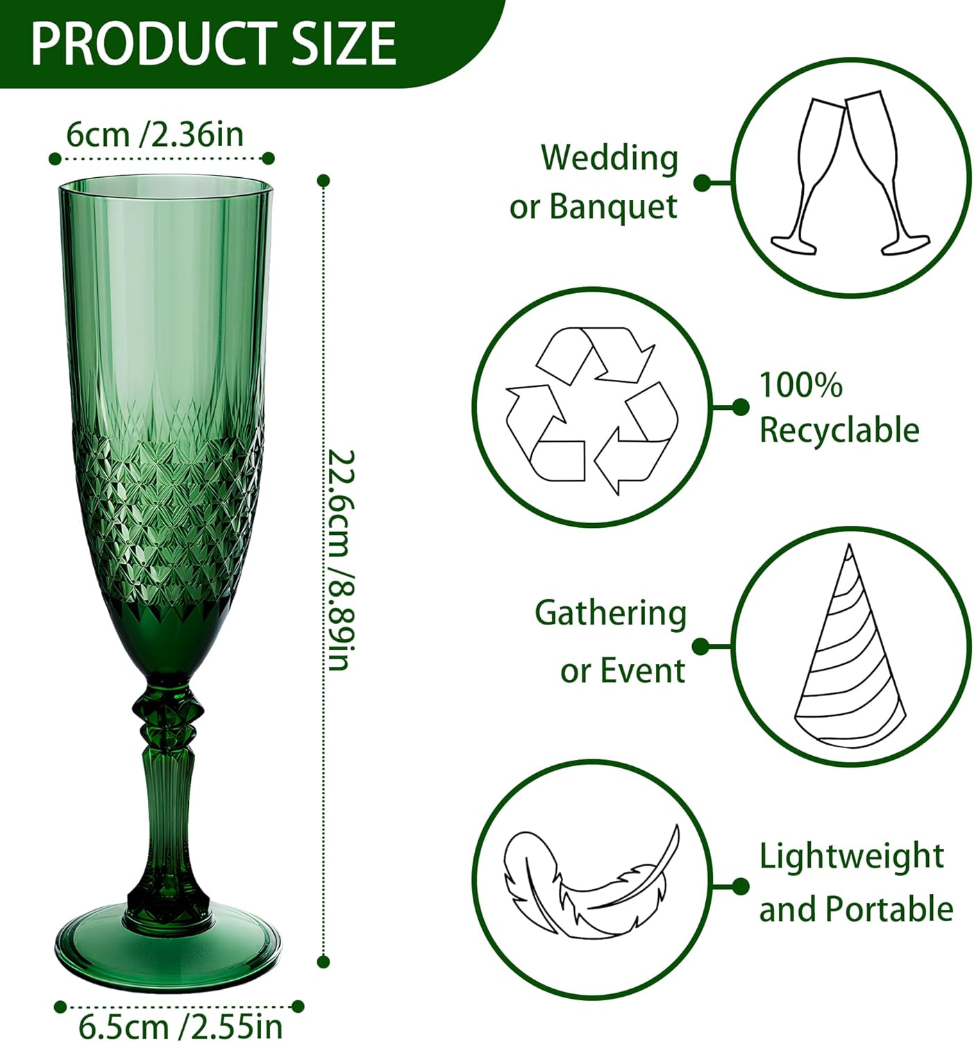 Plastic Champagne Flutes, 24PCS Dark Green Wine Glasses Goblets Cups Reusable Flute, for Christmas Weddings Bachelor Parties Toasting and Events(24, Dark Green)